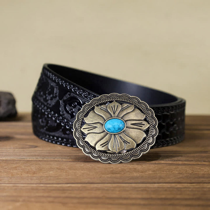 Cinturón de cuero con hebilla floral con incrustaciones de turquesa para hombre hecho a mano