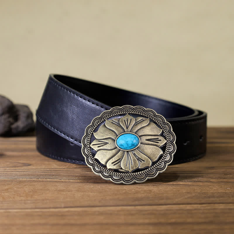 Cinturón de cuero con hebilla floral con incrustaciones de turquesa para hombre hecho a mano