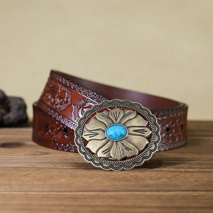 Cinturón de cuero con hebilla floral con incrustaciones de turquesa para hombre hecho a mano