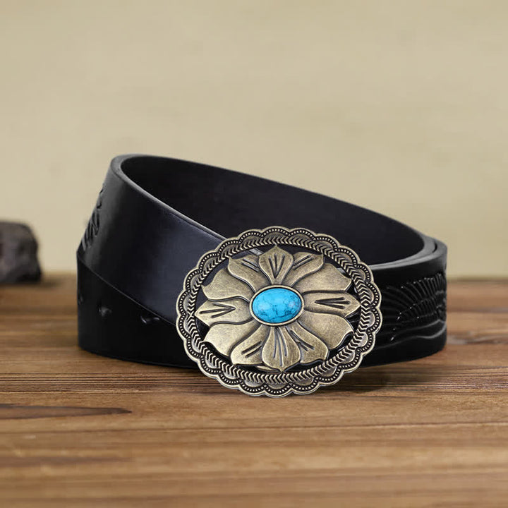 Cinturón de cuero con hebilla floral con incrustaciones de turquesa para hombre hecho a mano