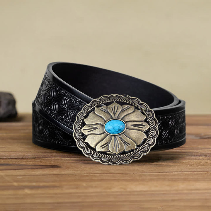 Cinturón de cuero con hebilla floral con incrustaciones de turquesa para hombre hecho a mano