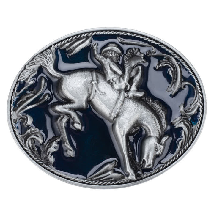 Cinturón de cuero con hebilla de caballo esmaltada en azul para hombre, hecho a mano