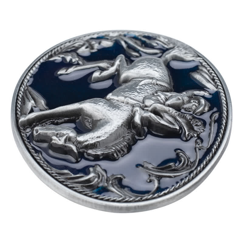 Cinturón de cuero con hebilla de caballo esmaltada en azul para hombre, hecho a mano