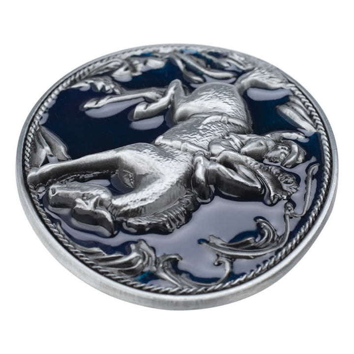 Cinturón de cuero con hebilla de caballo esmaltada en azul para hombre, hecho a mano