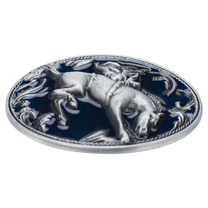Cinturón de cuero con hebilla de caballo esmaltada en azul para hombre, hecho a mano