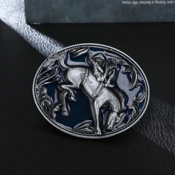 Cinturón de cuero con hebilla de caballo esmaltada en azul para hombre, hecho a mano