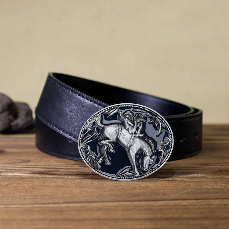 Cinturón de cuero con hebilla de caballo esmaltada en azul para hombre, hecho a mano