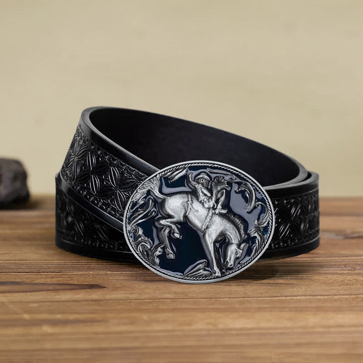 Cinturón de cuero con hebilla de caballo esmaltada en azul para hombre, hecho a mano
