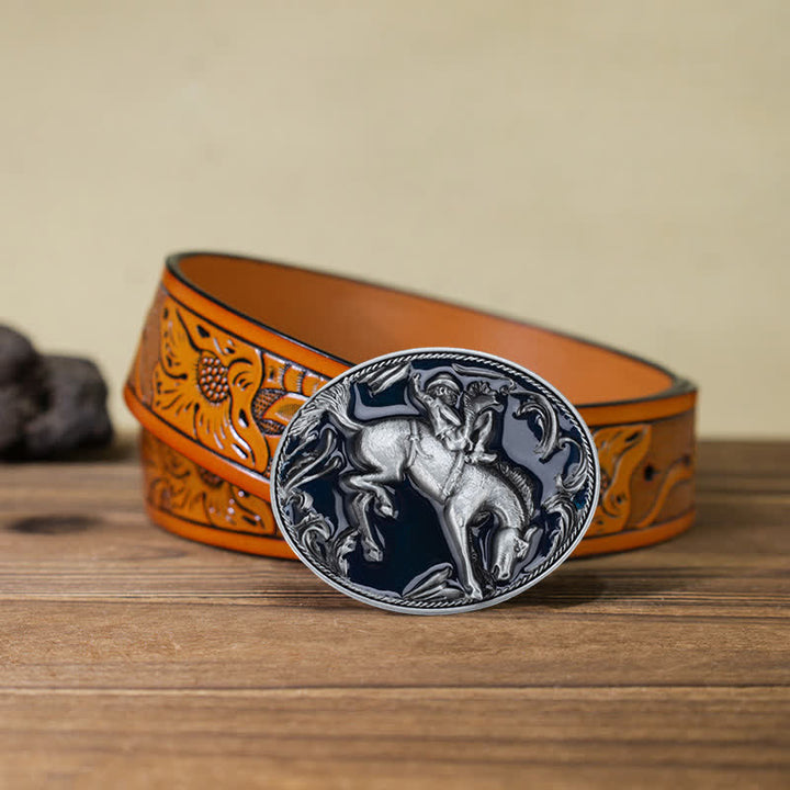 Cinturón de cuero con hebilla de caballo esmaltada en azul para hombre, hecho a mano