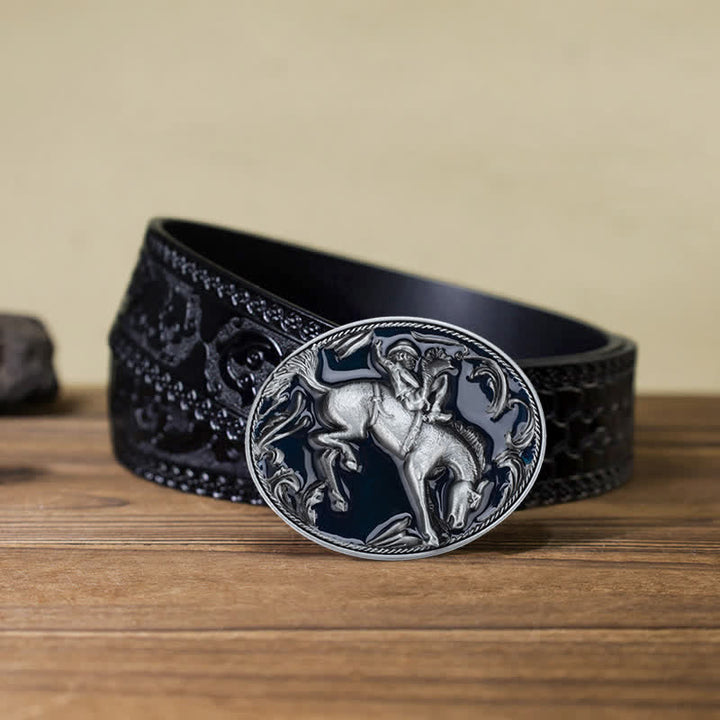 Cinturón de cuero con hebilla de caballo esmaltada en azul para hombre, hecho a mano