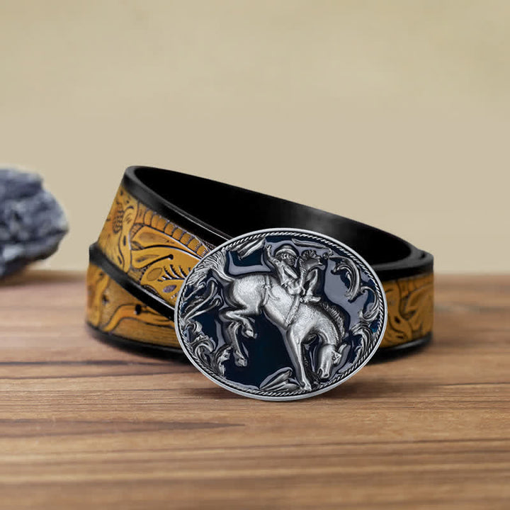 Cinturón de cuero con hebilla de caballo esmaltada en azul para hombre, hecho a mano