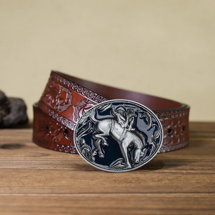 Cinturón de cuero con hebilla de caballo esmaltada en azul para hombre, hecho a mano