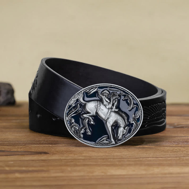 Cinturón de cuero con hebilla de caballo esmaltada en azul para hombre, hecho a mano