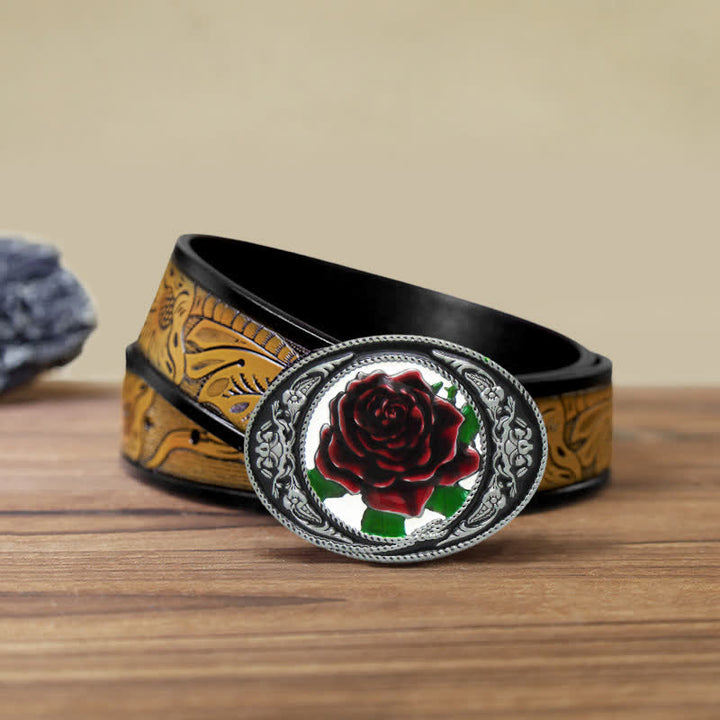 Cinturón de cuero con hebilla de rosa de colores del oeste para hombre, hecho a mano