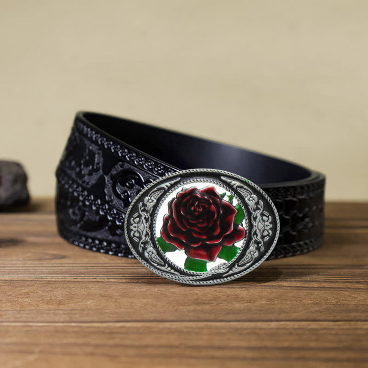 Cinturón de cuero con hebilla de rosa de colores del oeste para hombre, hecho a mano