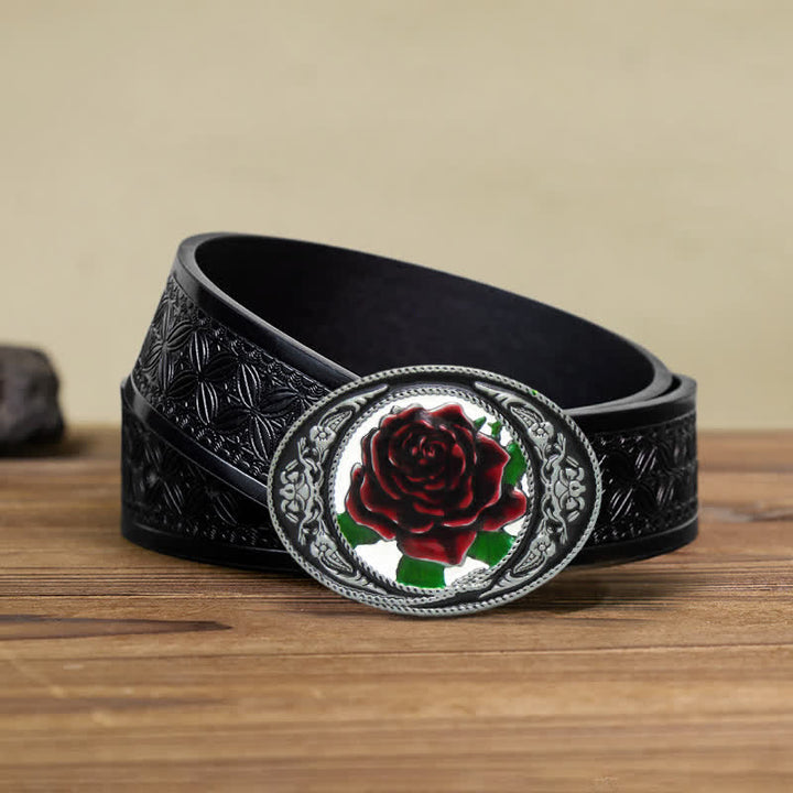 Cinturón de cuero con hebilla de rosa de colores del oeste para hombre, hecho a mano