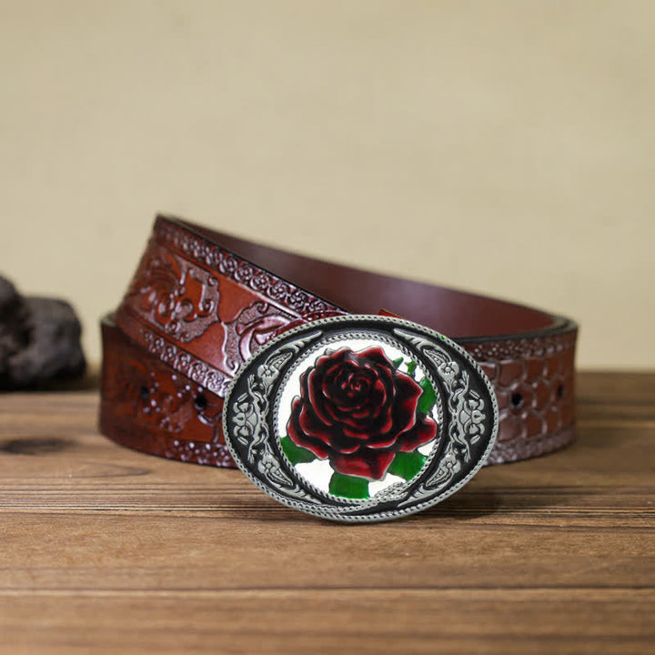 Cinturón de cuero con hebilla de rosa de colores del oeste para hombre, hecho a mano