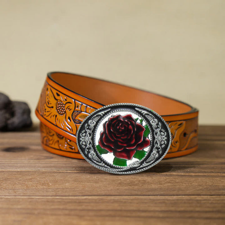 Cinturón de cuero con hebilla de rosa de colores del oeste para hombre, hecho a mano