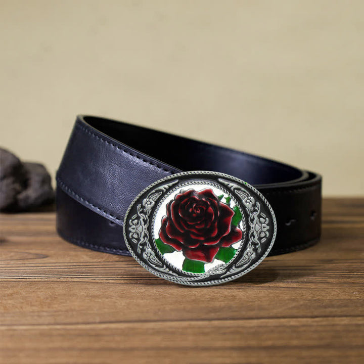 Cinturón de cuero con hebilla de rosa de colores del oeste para hombre, hecho a mano