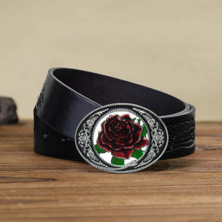 Cinturón de cuero con hebilla de rosa de colores del oeste para hombre, hecho a mano