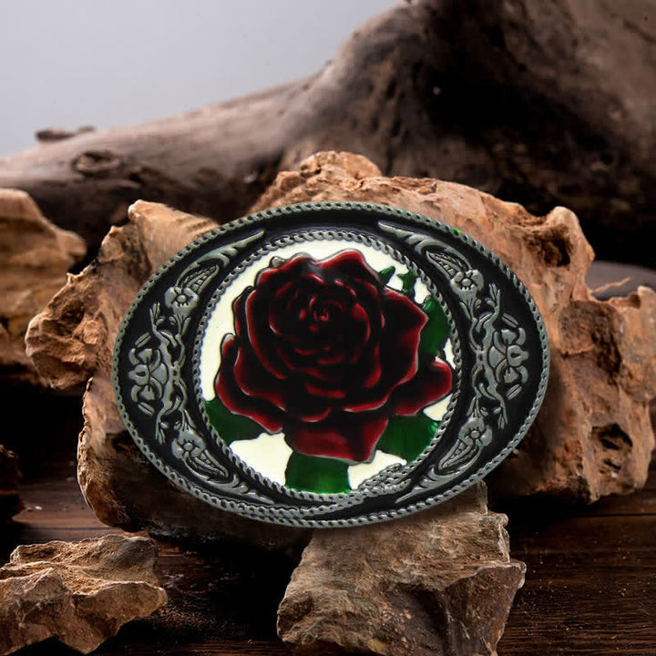 Cinturón de cuero con hebilla de rosa de colores del oeste para hombre, hecho a mano