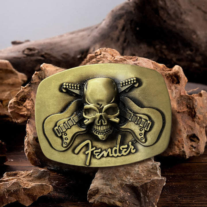 Cinturón de cuero con hebilla de calavera y guitarra musical para hombre hecho a mano