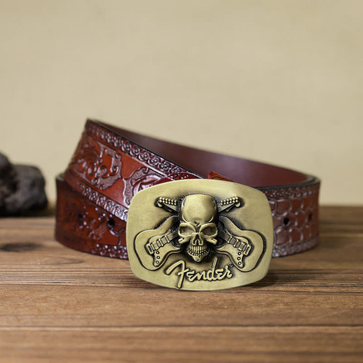 Cinturón de cuero con hebilla de calavera y guitarra musical para hombre hecho a mano