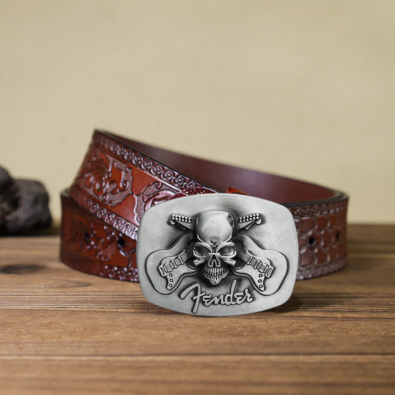 Cinturón de cuero con hebilla de calavera y guitarra musical para hombre hecho a mano