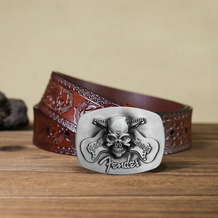 Cinturón de cuero con hebilla de calavera y guitarra musical para hombre hecho a mano