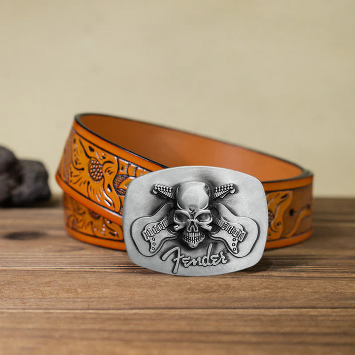 Cinturón de cuero con hebilla de calavera y guitarra musical para hombre hecho a mano