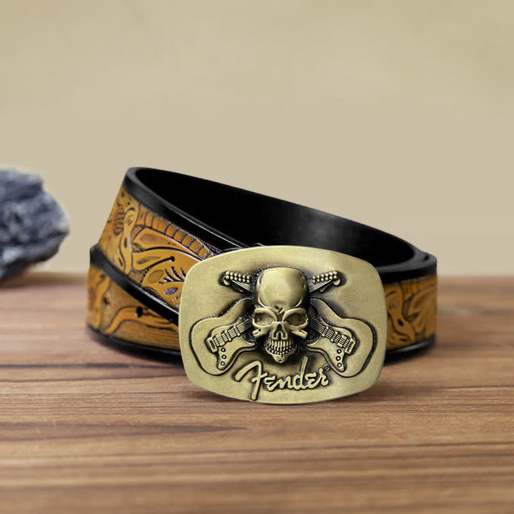 Cinturón de cuero con hebilla de calavera y guitarra musical para hombre hecho a mano