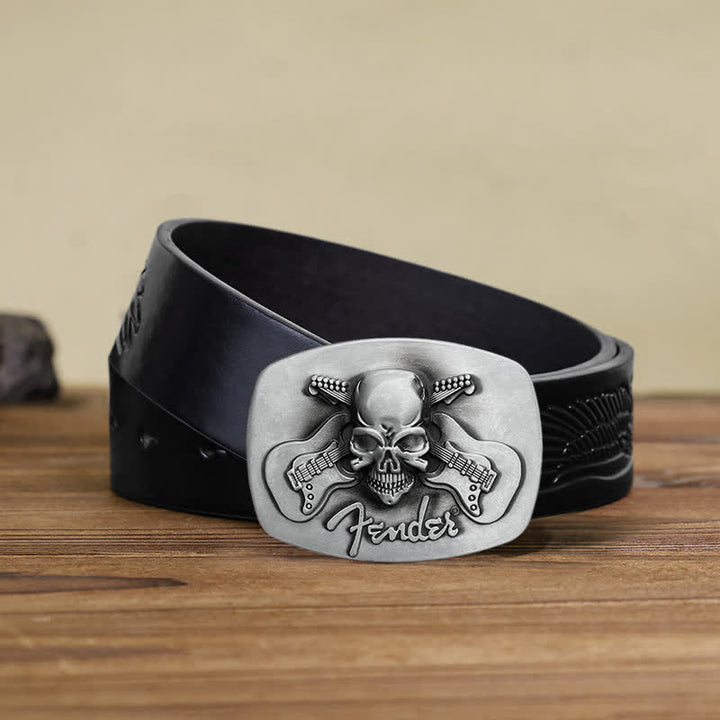 Cinturón de cuero con hebilla de calavera y guitarra musical para hombre hecho a mano