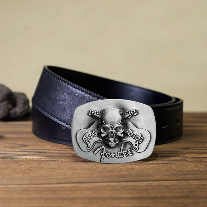 Cinturón de cuero con hebilla de calavera y guitarra musical para hombre hecho a mano