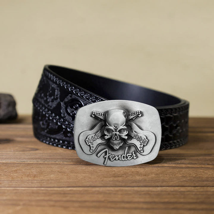 Cinturón de cuero con hebilla de calavera y guitarra musical para hombre hecho a mano