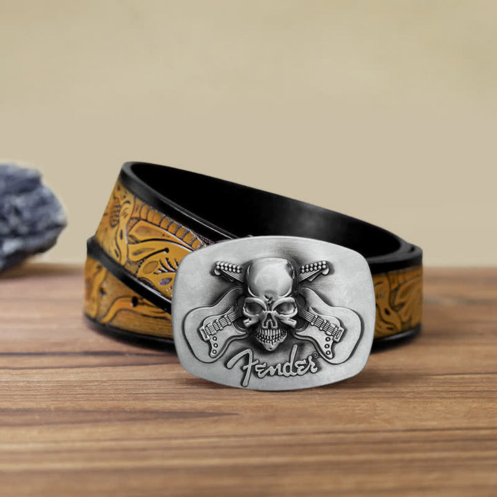 Cinturón de cuero con hebilla de calavera y guitarra musical para hombre hecho a mano