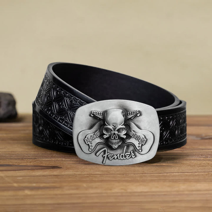 Cinturón de cuero con hebilla de calavera y guitarra musical para hombre hecho a mano