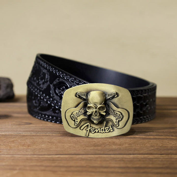 Cinturón de cuero con hebilla de calavera y guitarra musical para hombre hecho a mano