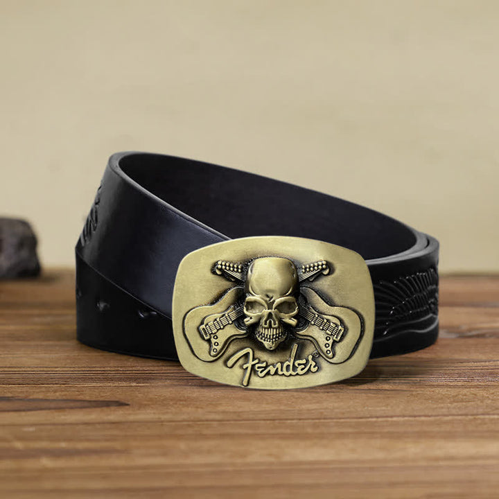 Cinturón de cuero con hebilla de calavera y guitarra musical para hombre hecho a mano