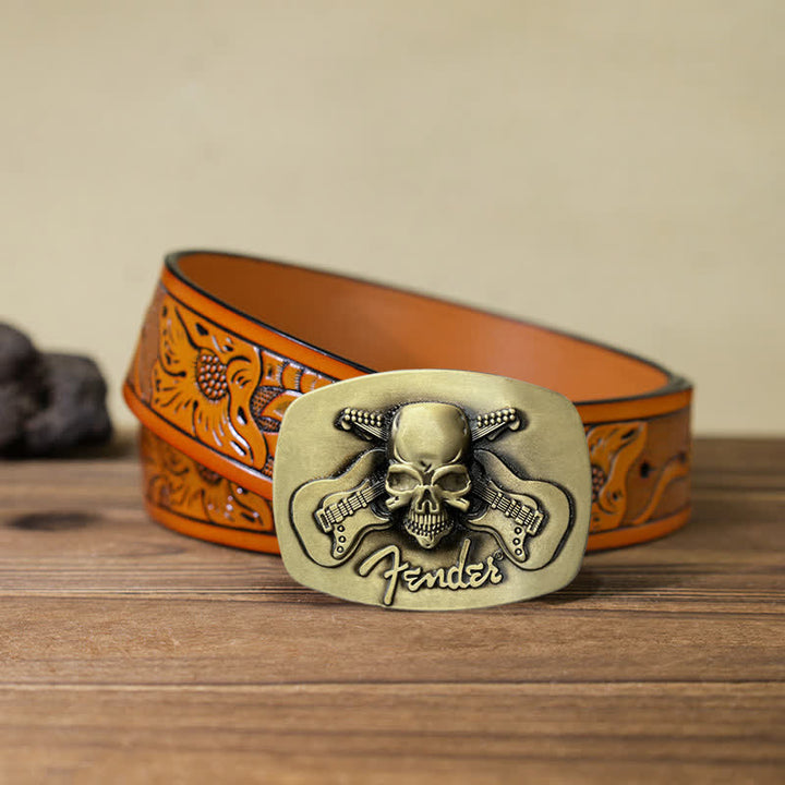 Cinturón de cuero con hebilla de calavera y guitarra musical para hombre hecho a mano