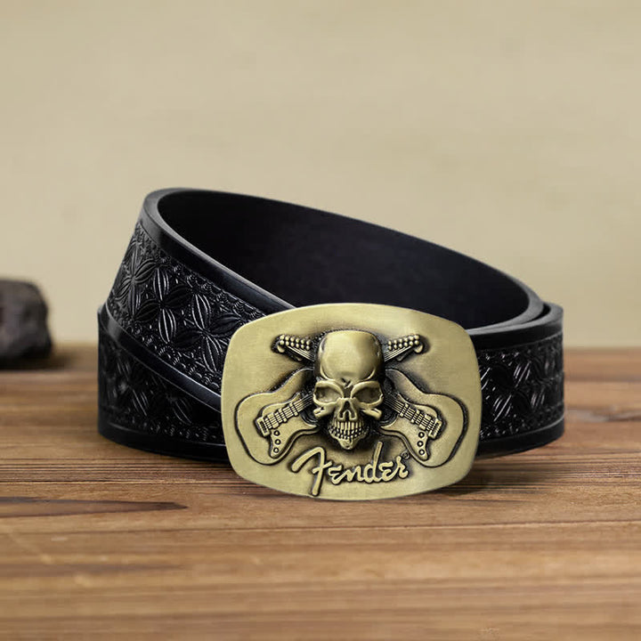 Cinturón de cuero con hebilla de calavera y guitarra musical para hombre hecho a mano