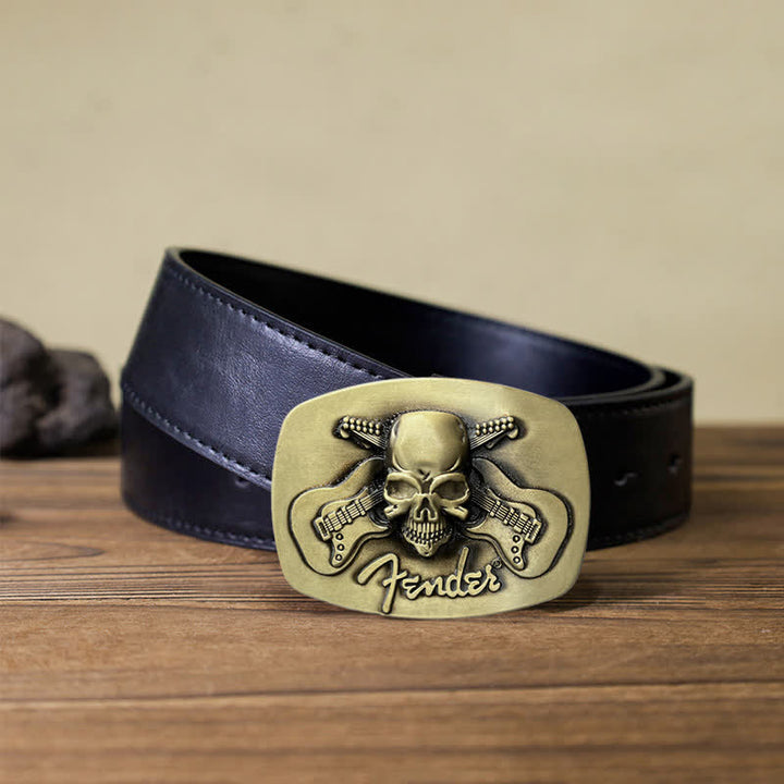 Cinturón de cuero con hebilla de calavera y guitarra musical para hombre hecho a mano