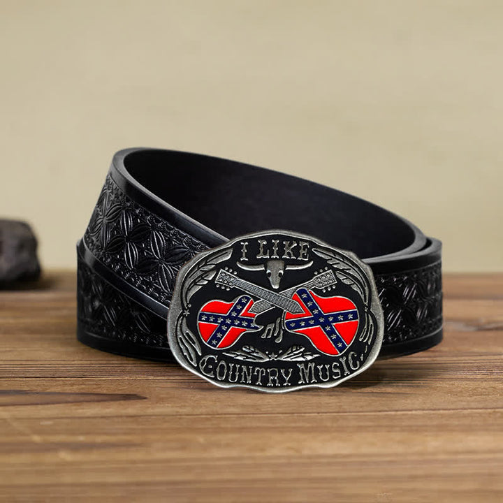 Cinturón de cuero con hebilla de toro para hombre, hecho a mano, con diseño de guitarra country