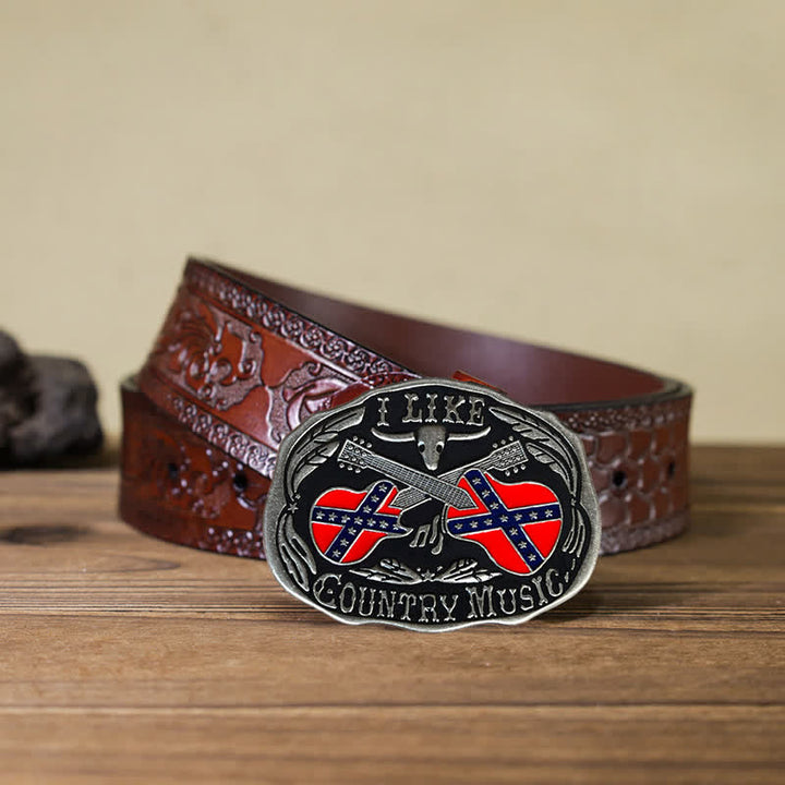 Cinturón de cuero con hebilla de toro para hombre, hecho a mano, con diseño de guitarra country