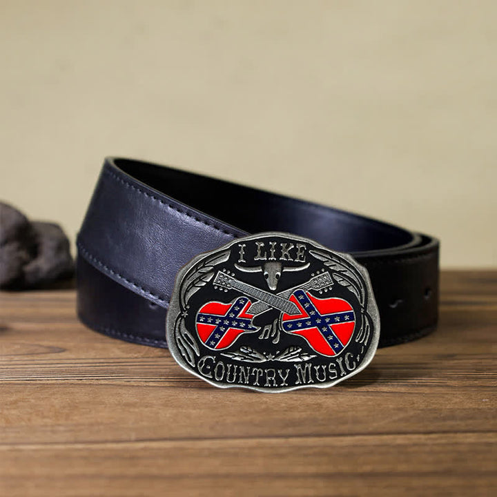 Cinturón de cuero con hebilla de toro para hombre, hecho a mano, con diseño de guitarra country