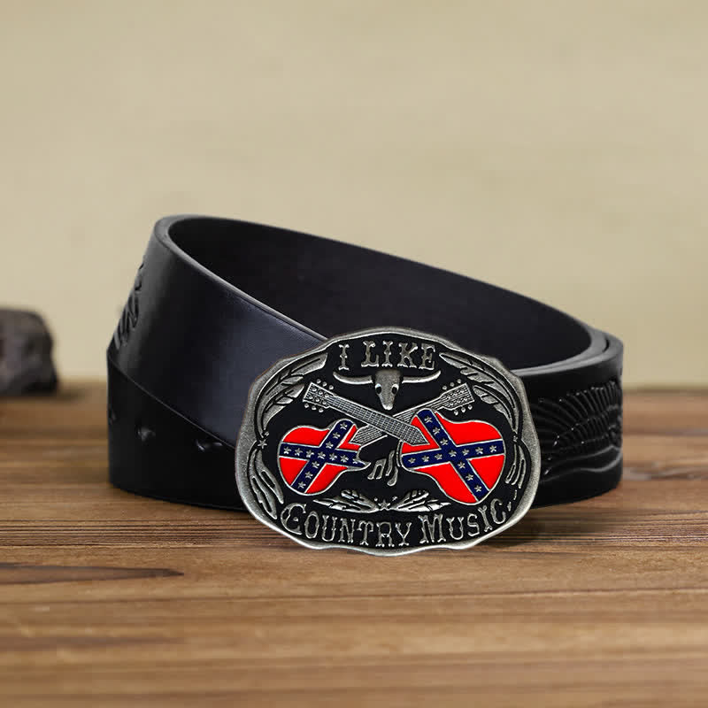 Cinturón de cuero con hebilla de toro para hombre, hecho a mano, con diseño de guitarra country