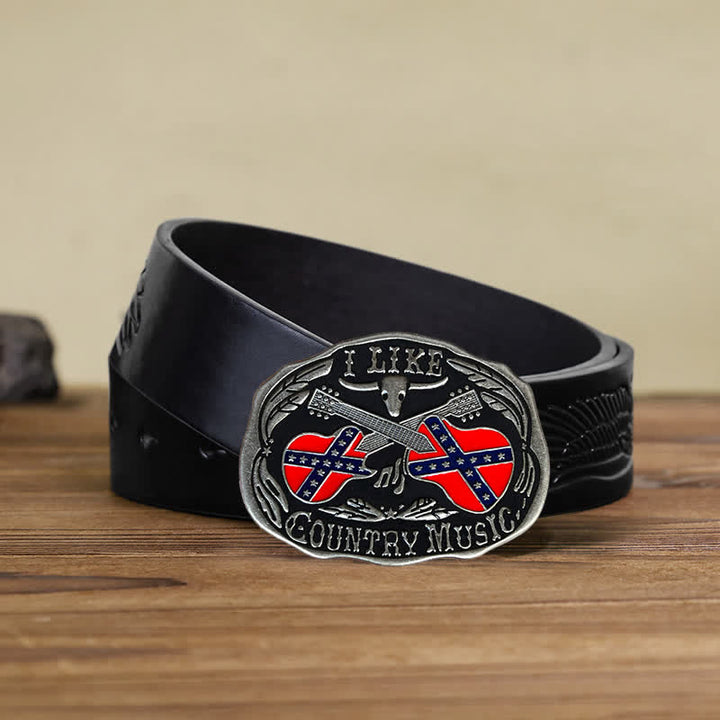 Cinturón de cuero con hebilla de toro para hombre, hecho a mano, con diseño de guitarra country