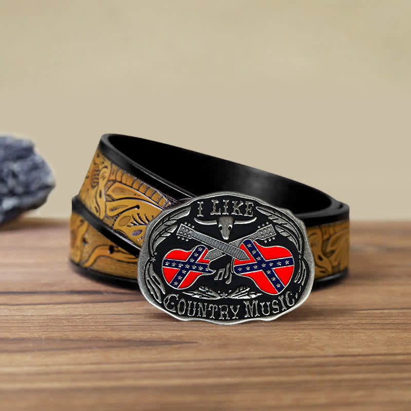Cinturón de cuero con hebilla de toro para hombre, hecho a mano, con diseño de guitarra country
