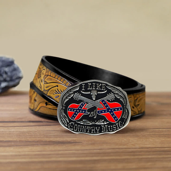 Cinturón de cuero con hebilla de toro para hombre, hecho a mano, con diseño de guitarra country