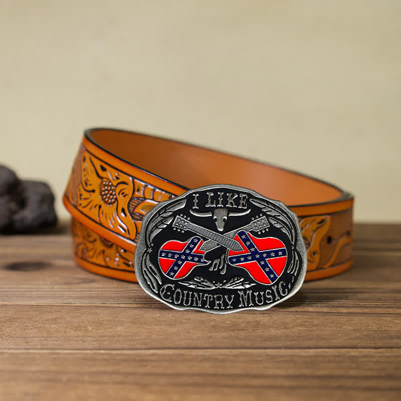 Cinturón de cuero con hebilla de toro para hombre, hecho a mano, con diseño de guitarra country