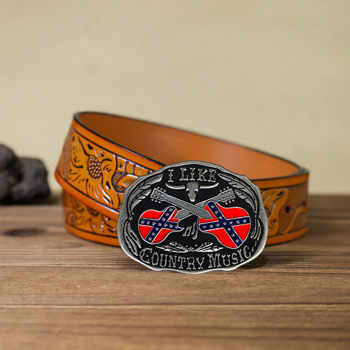 Cinturón de cuero con hebilla de toro para hombre, hecho a mano, con diseño de guitarra country